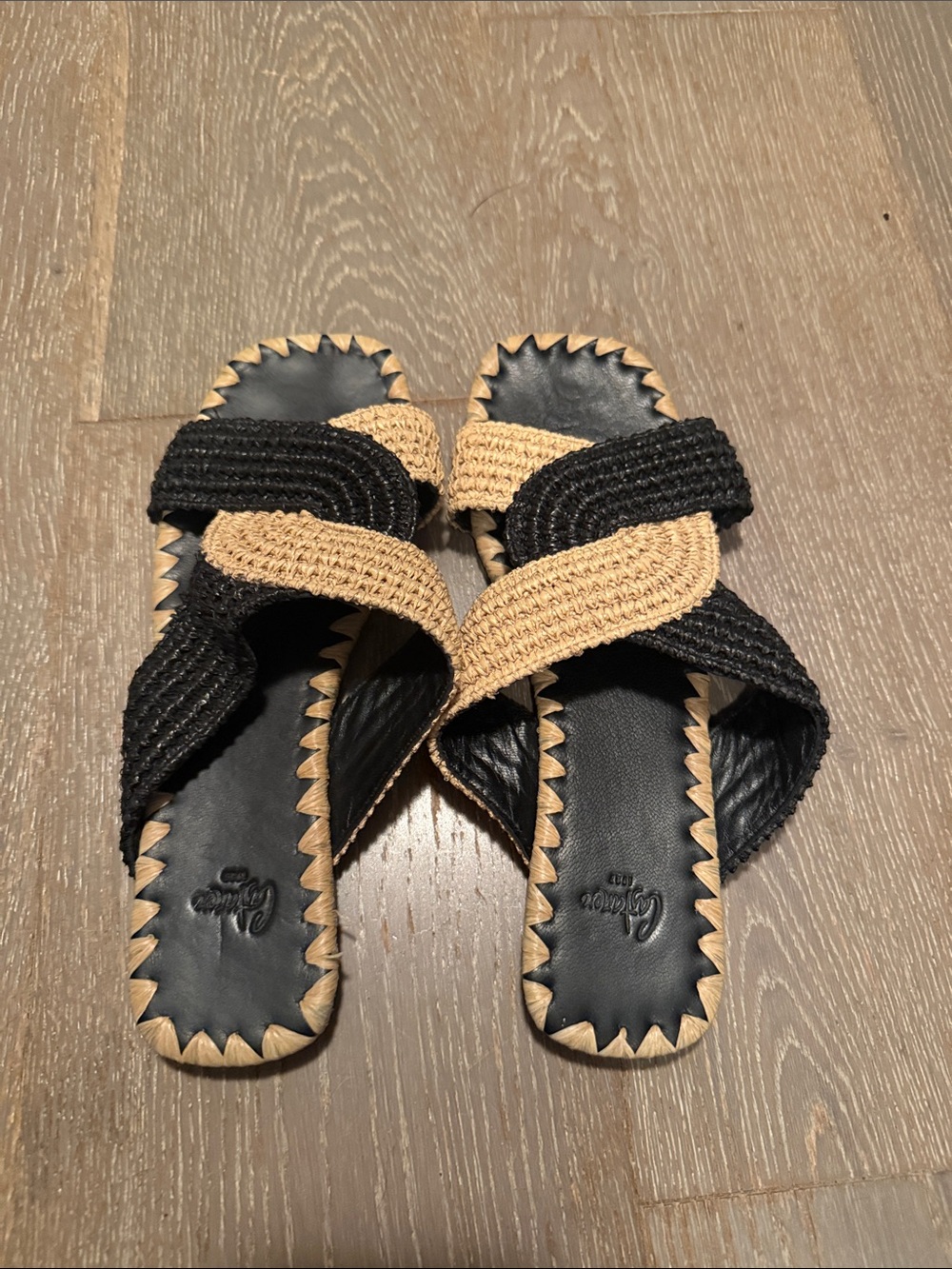 Black & Natural Woven Cross-Strap Slide Sandals